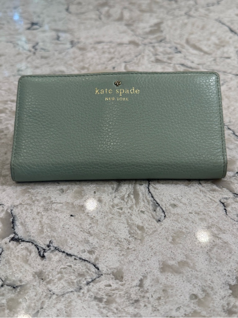 Kate Spade New York Mint Green Leather Wallet with Gold and White Striped Lining